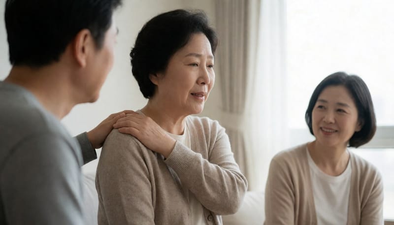어깨 통증으로 팔을 감싸 쥔 중년 여성