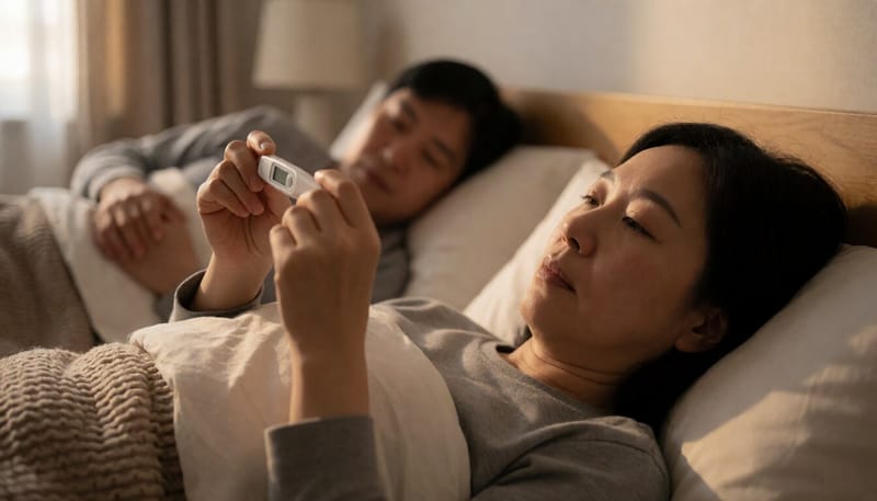 고열과 오한으로 침대에 누워있는 여성