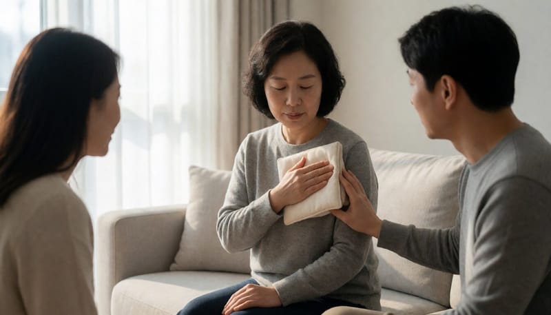 가슴에 온찜질을 하며 통증을 호소하는 여성의 모습