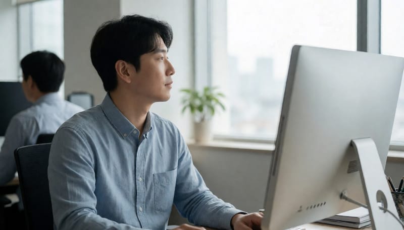 모니터에서 눈을 떼고 먼 곳을 바라보는 직장인