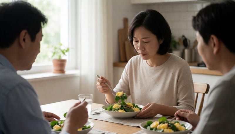 짙은 녹색 채소와 달걀이 들어간 샐러드를 먹는 여성의 모습
