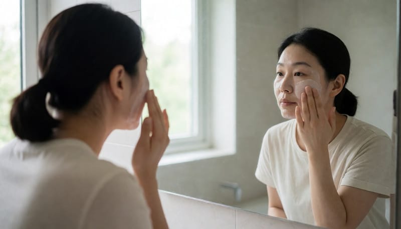 보습제를 바르며 피부를 관리하는 여성의 모습