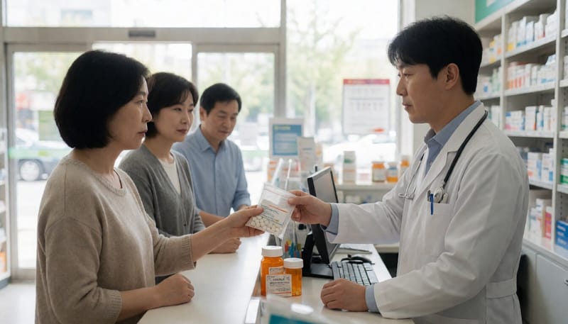 약국에서 처방약을 전달받는 모습