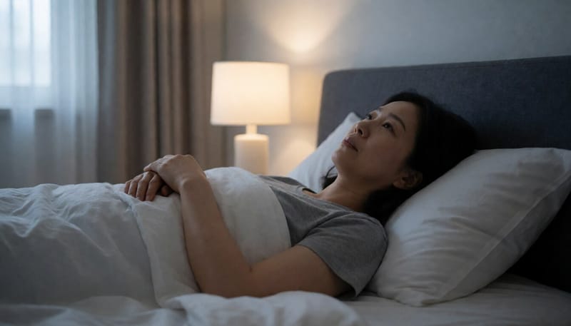 밤에 잠을 이루지 못하고 뒤척이는 여성의 모습