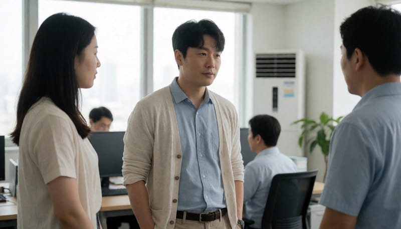 사무실에서 겉옷을 걸친 직장인들의 모습