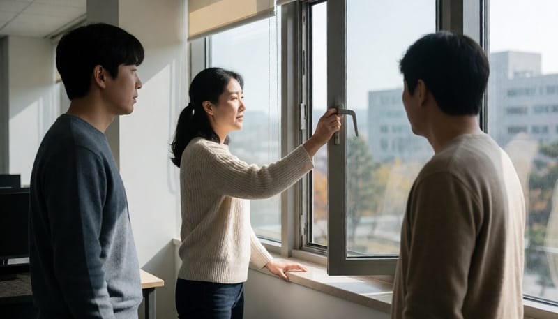 사무실 창문을 열어 환기하는 여성의 모습