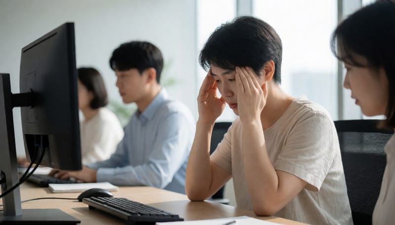 냉방이 센 사무실에서 머리를 감싸쥔 직장인의 모습