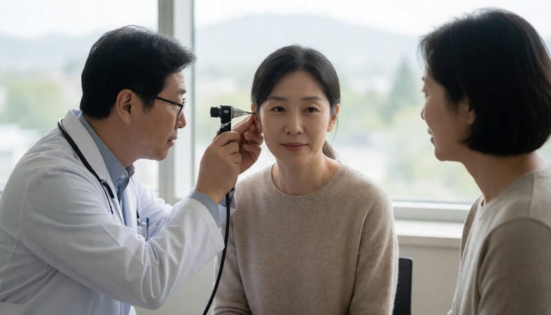 이비인후과에서 어지럼증 원인을 검사받는 모습