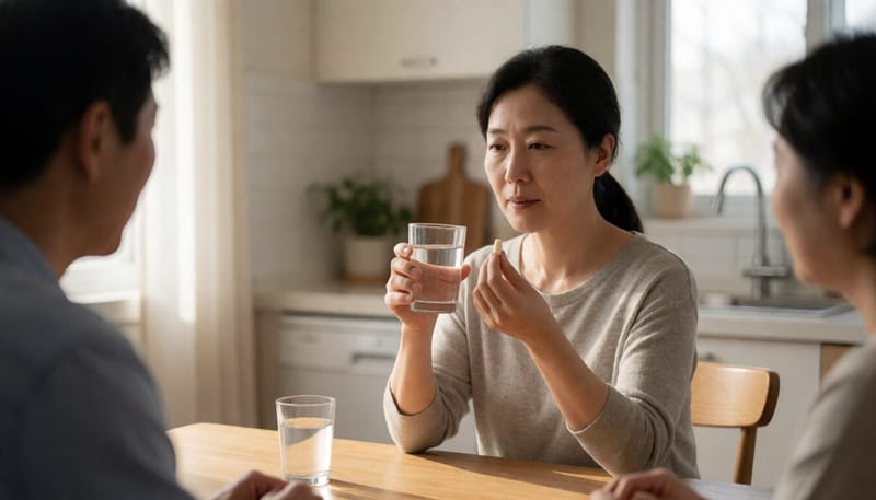 집에서 영양제를 물과 함께 챙겨 먹는 모습