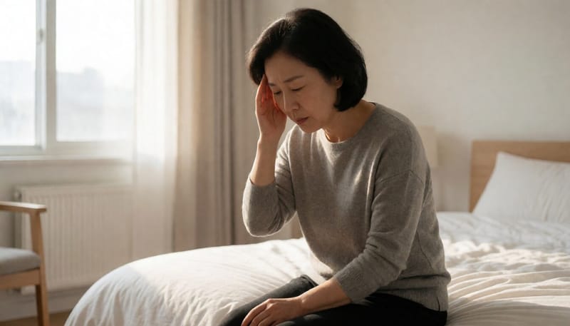 아침에 침대에서 일어나다 어지럼증을 느끼는 여성