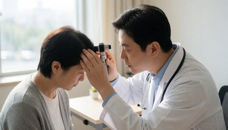 피부과에서 두피를 검진받는 환자의 모습