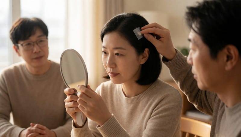 집에서 두피에 연고를 바르는 여성