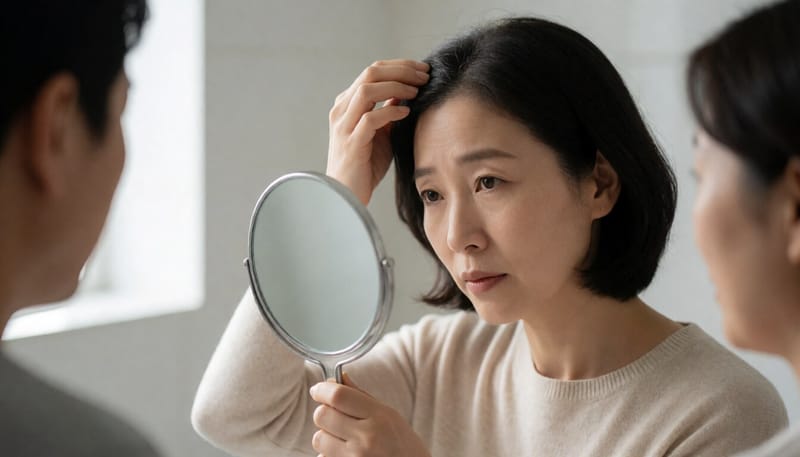 거울로 두피를 살펴보는 여성의 모습