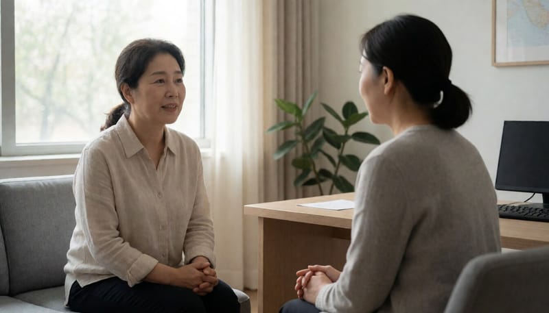 상담실에서 상담사와 대화를 나누는 중년 여성