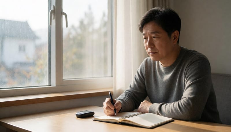 창가에 앉아 혈당측정기를 앞에 두고 생각에 잠긴 중년 남성
