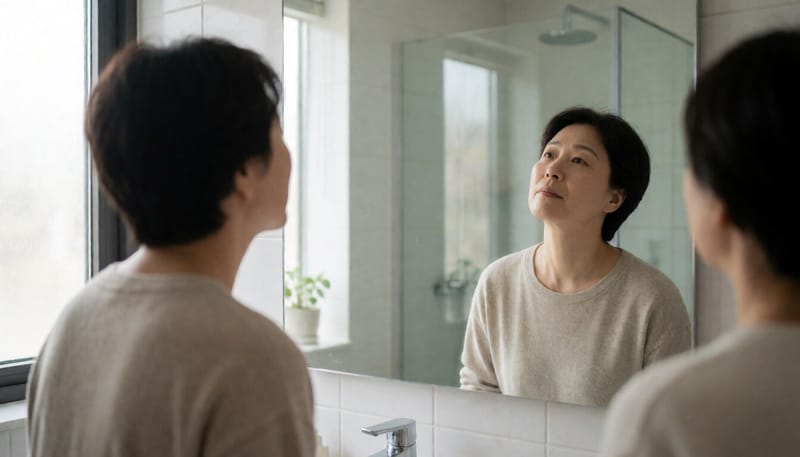 거울을 보며 물을 삼키면서 목을 살펴보는 여성
