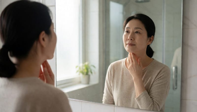 거울 앞에서 목 앞쪽을 손으로 만져보는 여성의 모습