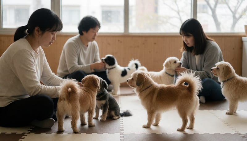 여러 마리 반려견이 함께 지내는 실내 애견 유치원 모습
