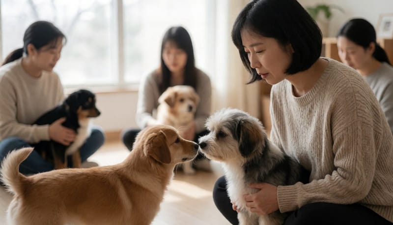 강아지가 다른 강아지와 통제된 환경에서 만나는 모습