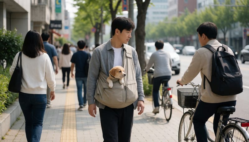 예방접종 전 강아지를 안고 산책시키는 보호자