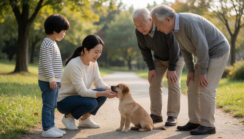 강아지가 다양한 연령대의 사람과 자연스럽게 만나는 모습