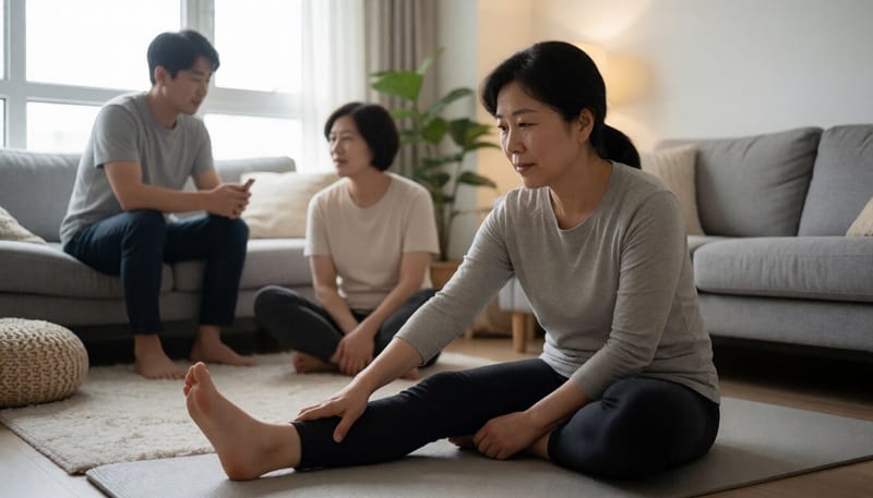 운동 전 종아리와 발목을 스트레칭하는 여성
