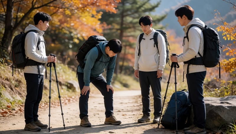 산행 전 다리 스트레칭을 하는 등산객의 모습
