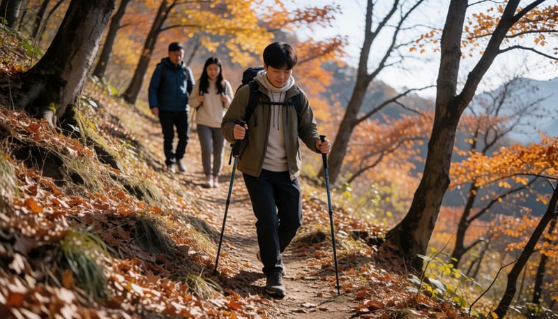 등산 스틱을 이용해 가파른 내리막을 내려오는 등산객