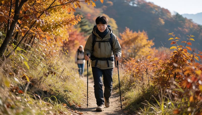 가을 단풍이 물든 산길을 등산 스틱을 짚고 내려오는 등산객의 모습
