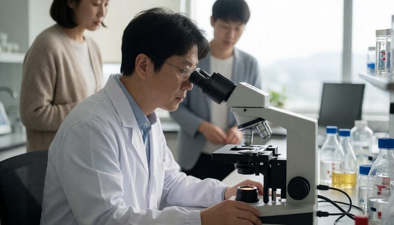 실험실에서 유전자 샘플을 분석하는 연구자