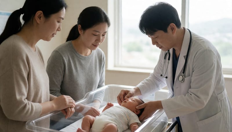 병원에서 신생아를 진찰하는 소아청소년과 의사