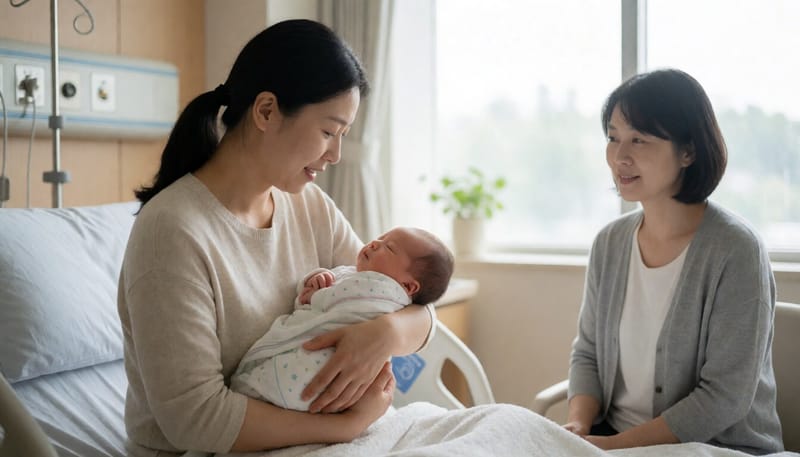 병원에서 신생아를 안고 있는 산모