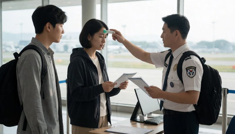 입국장 게이트에서 검역관이 여행자의 건강상태를 확인하는 모습
