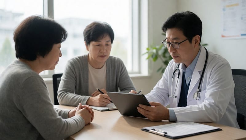 병원에서 의사가 환자의 해외 여행력을 확인하는 모습