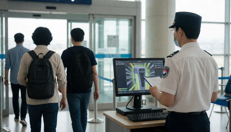 공항 입국장에서 검역관이 열화상 카메라로 입국자를 살피는 모습