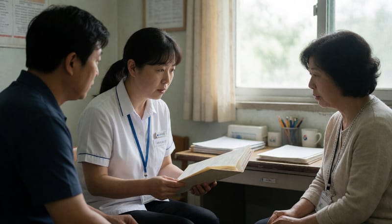 아동보호 담당자가 사무실에서 사례 서류를 검토하는 모습