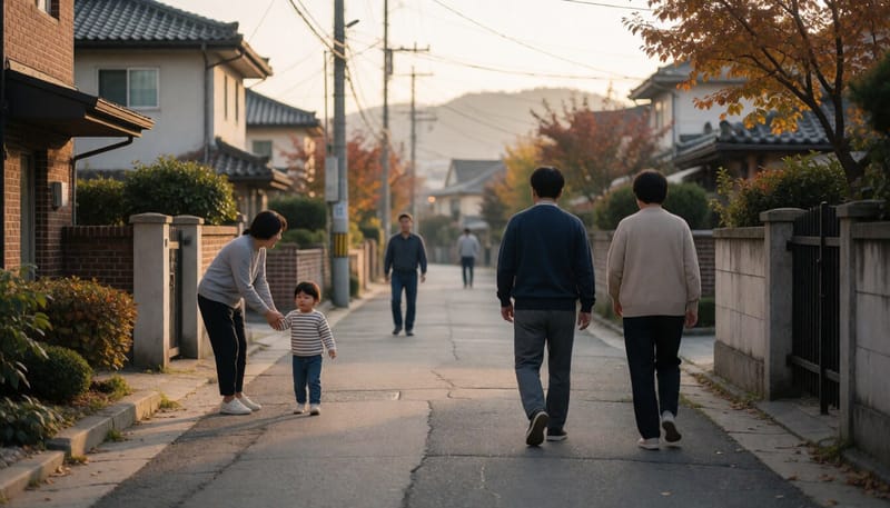 저녁 무렵 동네 거리에서 아이와 어른들이 함께 있는 모습