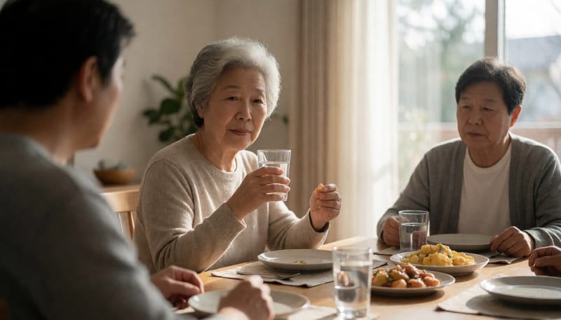 물과 함께 연질캡슐을 복용하려는 고령 여성의 모습