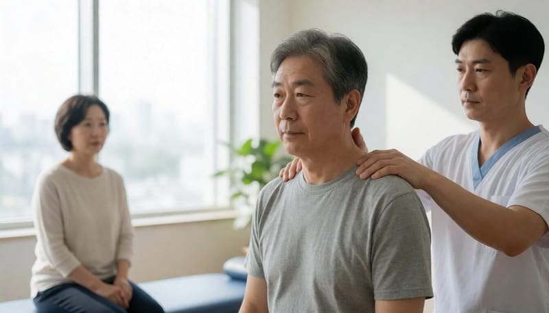 목 디스크로 물리치료를 받는 남성의 모습