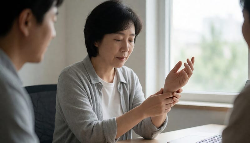 손목을 주무르며 저림 증상을 느끼는 여성의 모습