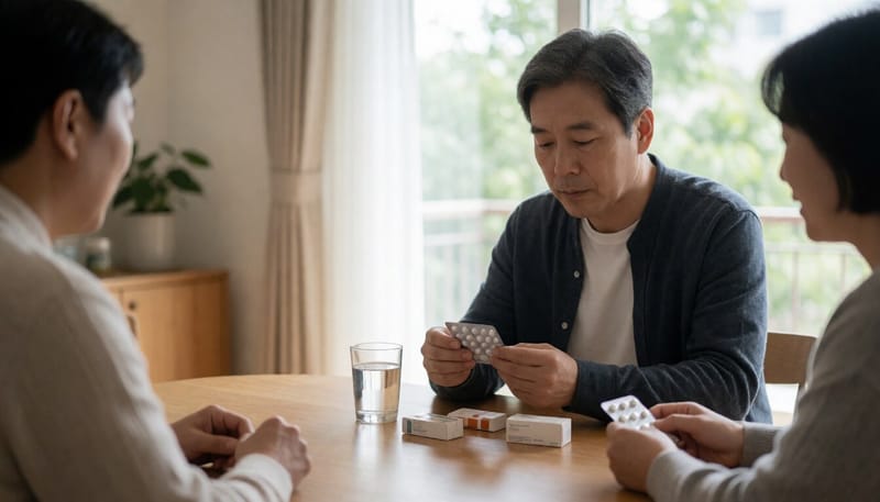 집에서 여러 약을 함께 확인하는 남성
