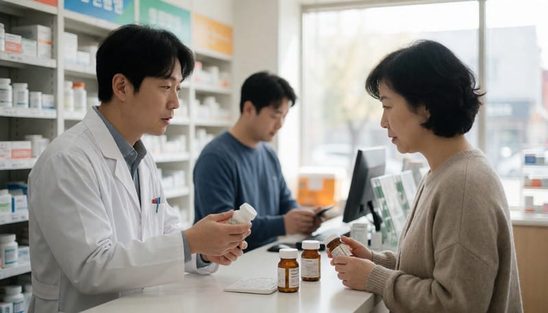 약사가 환자에게 약물 복용에 대해 설명하는 모습