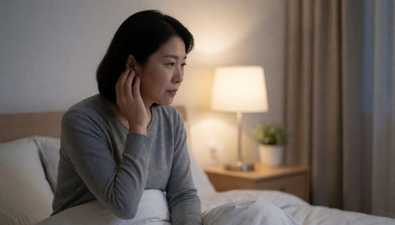 밤에 침대에 앉아 귀를 만지며 괴로워하는 여성