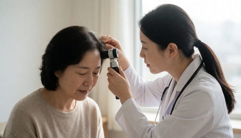 피부과에서 두피 검진을 받는 여성 환자