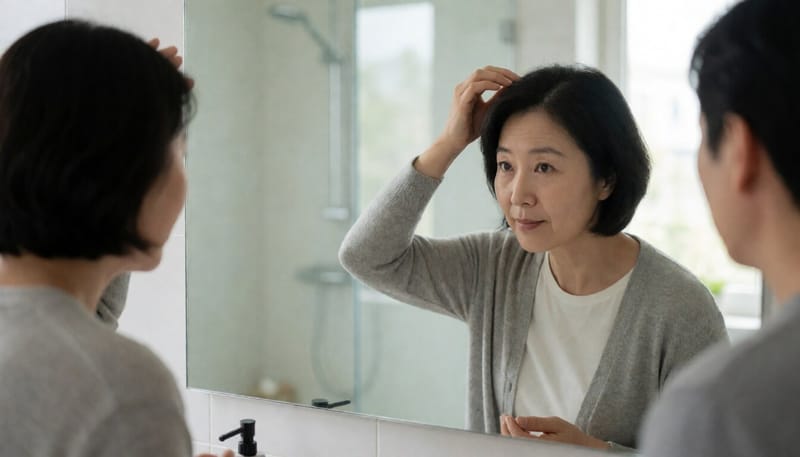 집에서 두피에 탈모 치료제를 바르는 여성