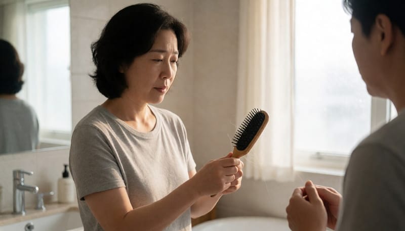 머리빗에 엉킨 머리카락을 보며 걱정하는 여성의 모습