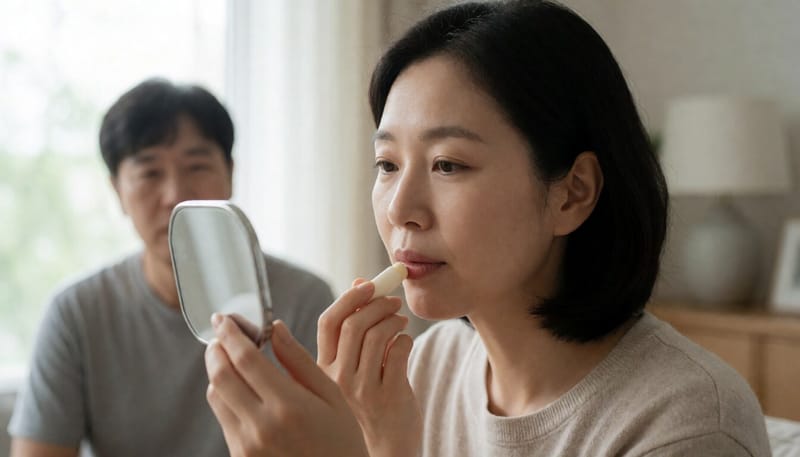 입술 보습제를 바르는 여성의 모습