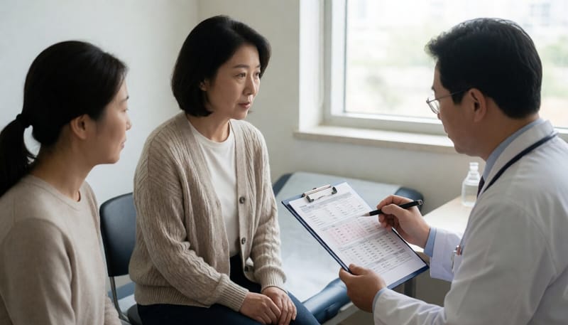 진료실에서 혈액검사 결과를 설명 듣는 환자