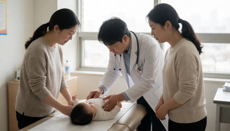 소아과에서 아기를 진찰하는 의사