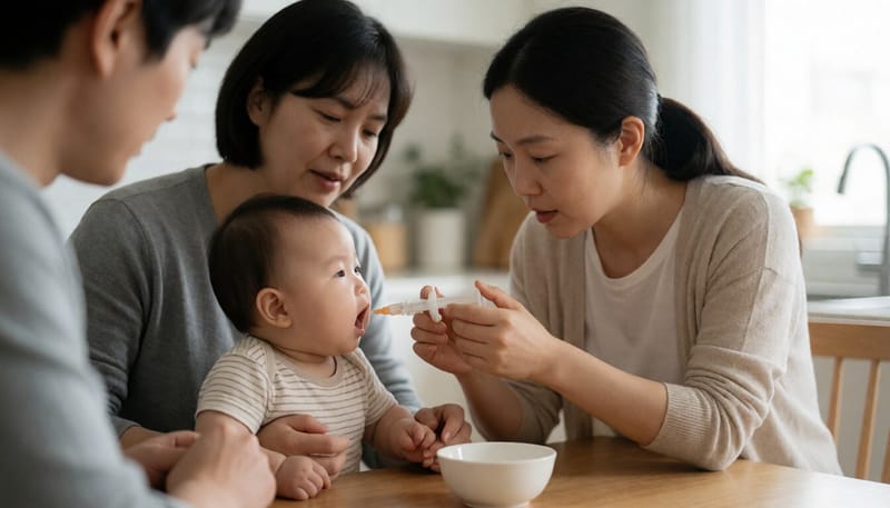 주사기로 아기에게 액상 철분제를 먹이는 엄마